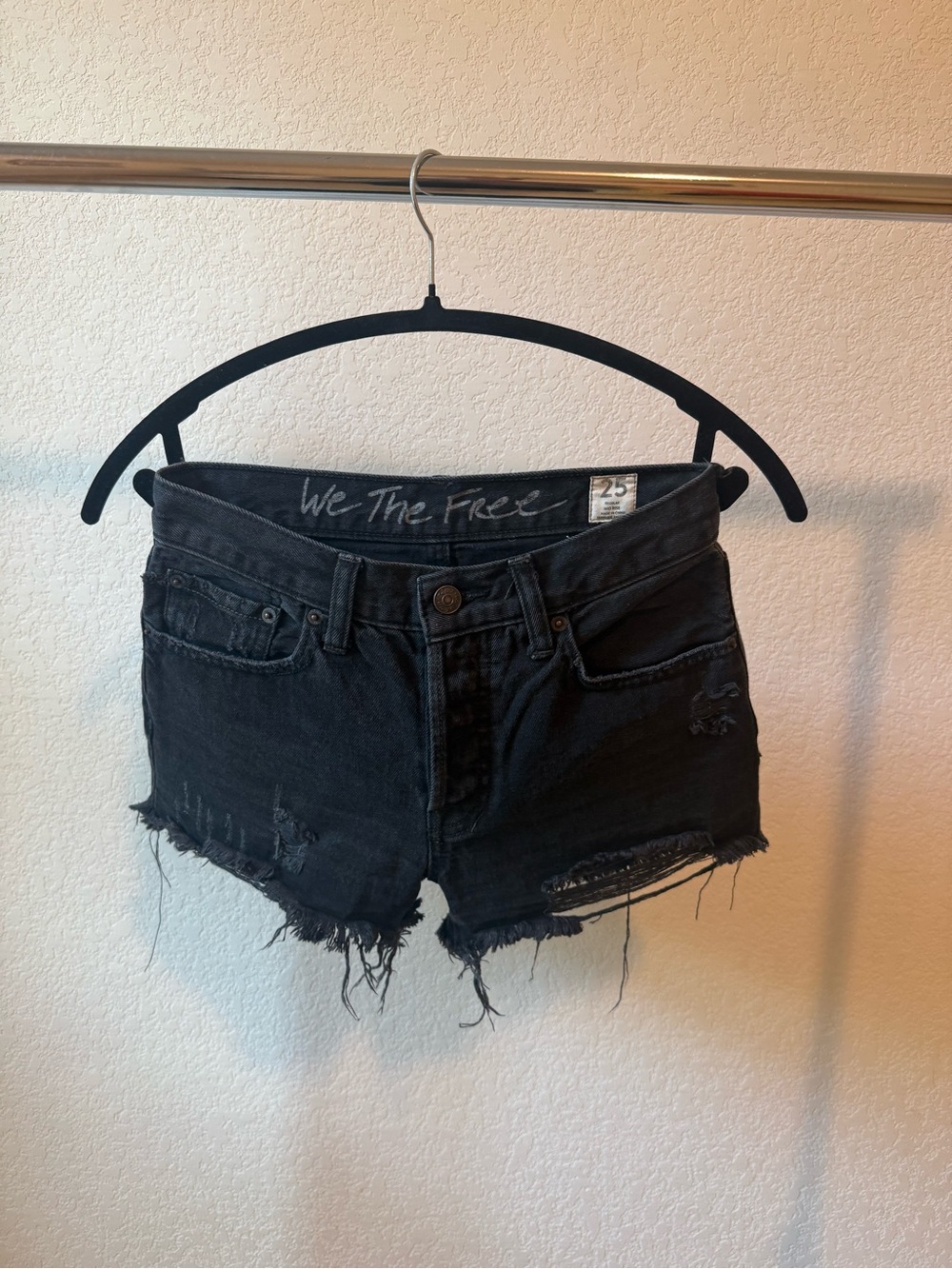 We The Free Washed Black Distressed Denim Cutoff Shorts